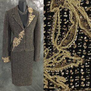 BEAUTIFUL St John evening knit black gold embellished jacket skirt suit size 4